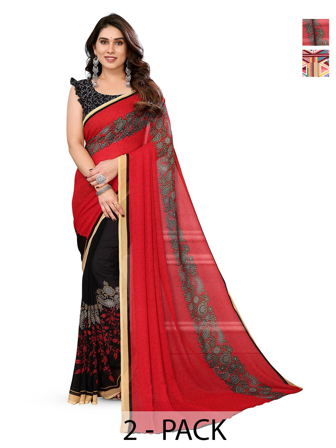 

ANAND SAREES Selection Of 2 Ethnic Motifs Printed Sarees, Red