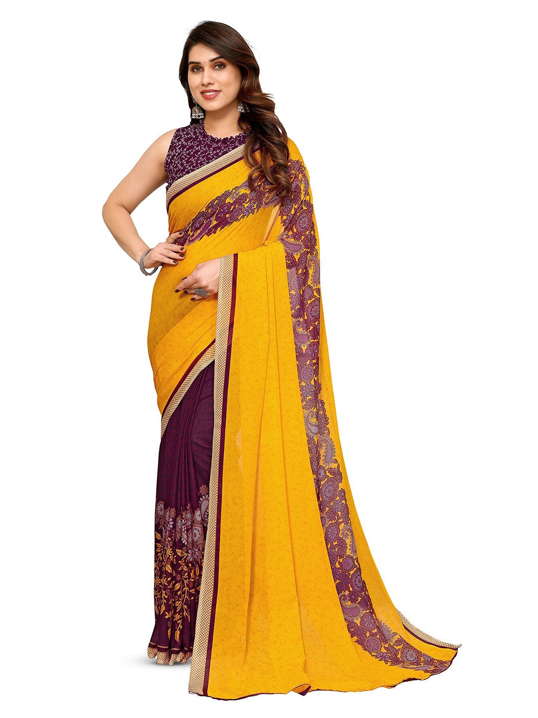 

ANAND SAREES Selection Of 2 Printed Poly Georgette Sarees, Peach