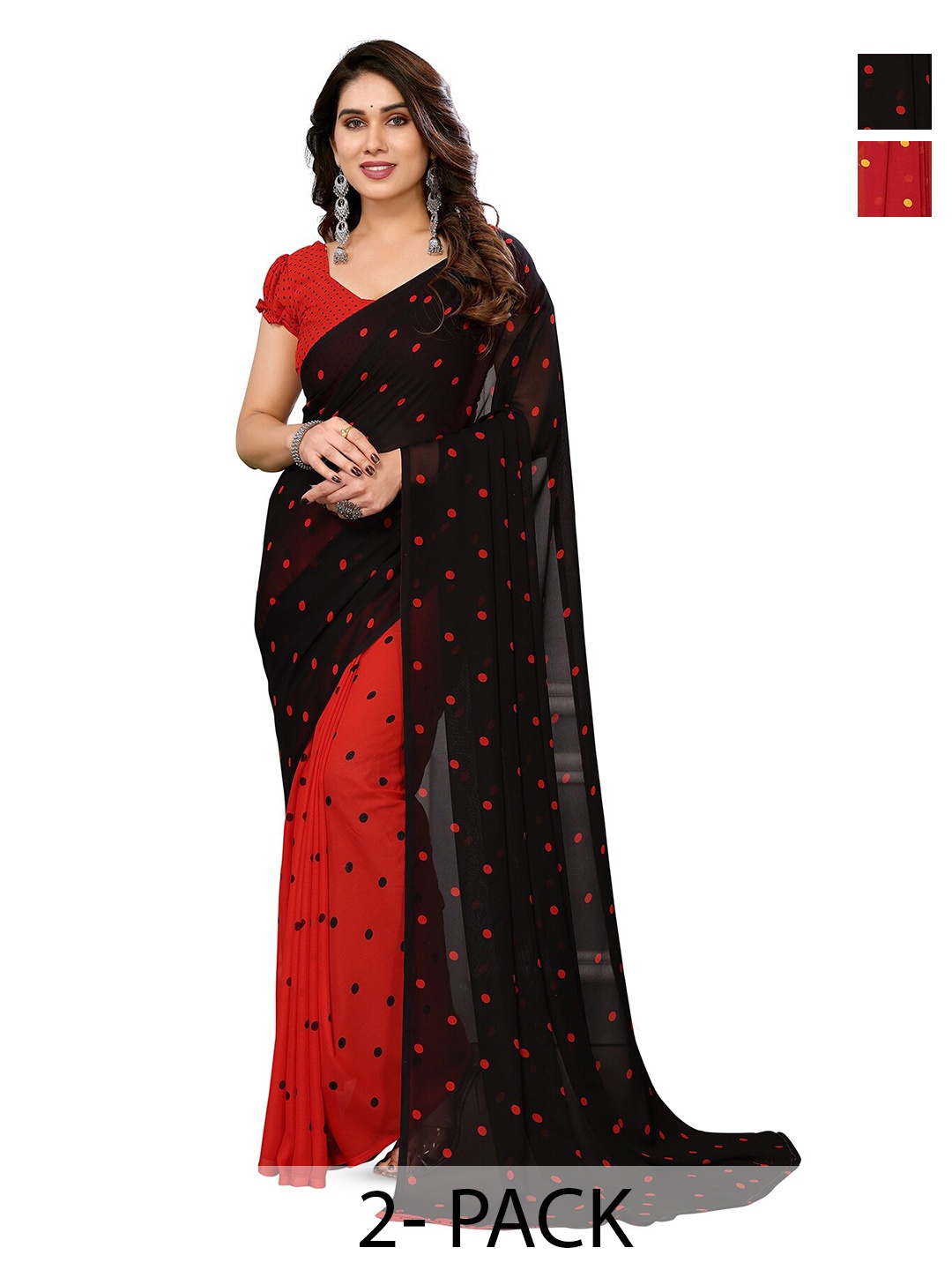 

ANAND SAREES Selection Of 2 Polka Dots Printed Georgette Saree, Red