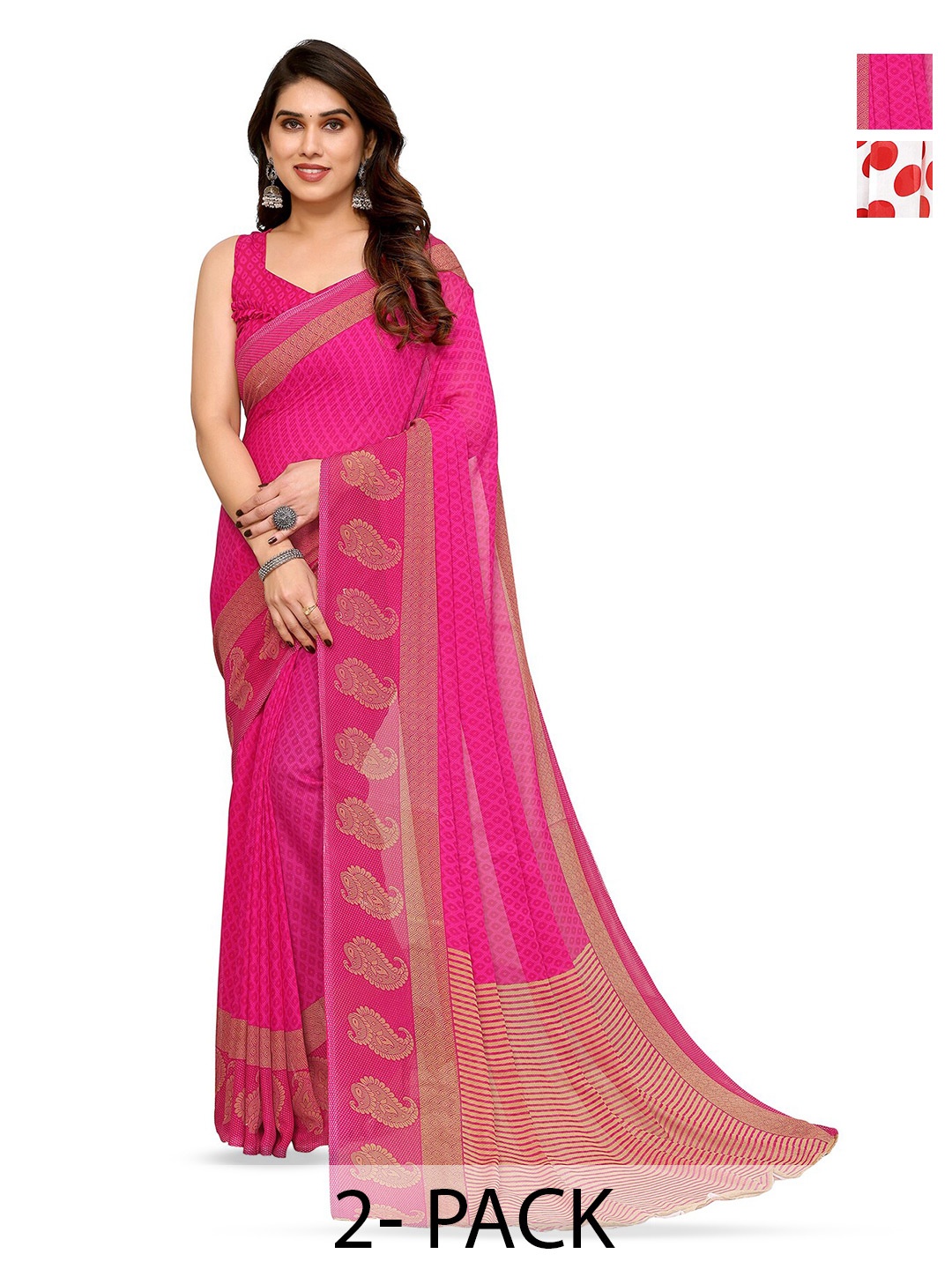 

ANAND SAREES Selection Of 2 Polka Dot Printed Sarees, White