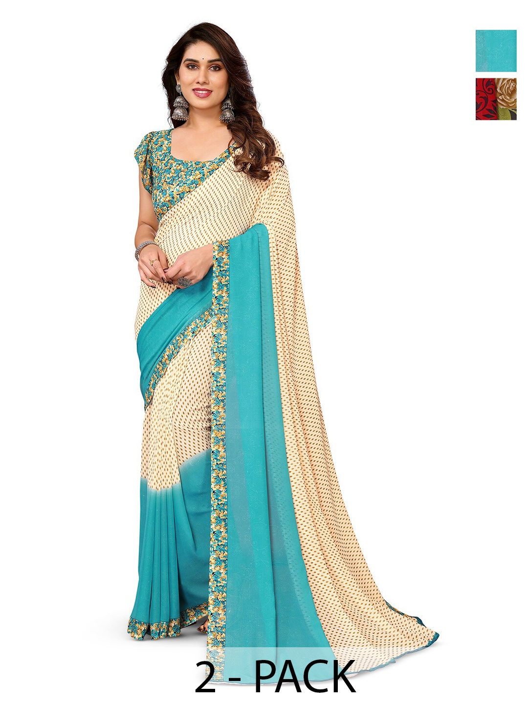 

ANAND SAREES Selection of 2 Ethnic Motifs Printed Sarees, Cream