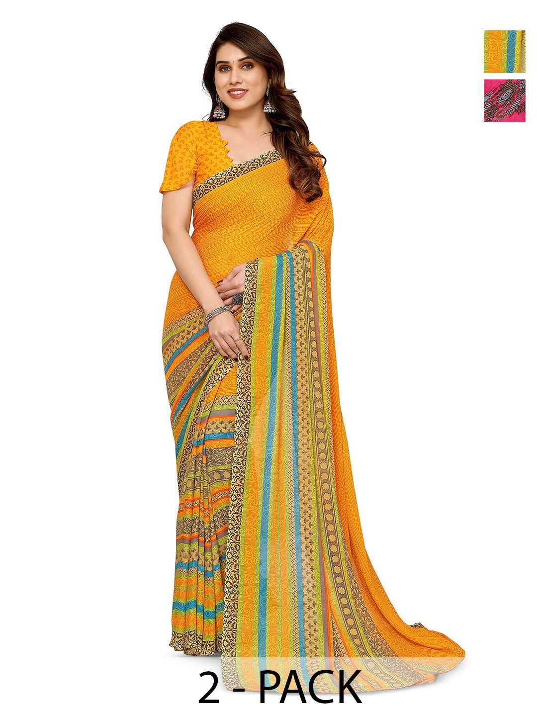 

ANAND SAREES Selection of 2 Floral Printed Sarees, Yellow