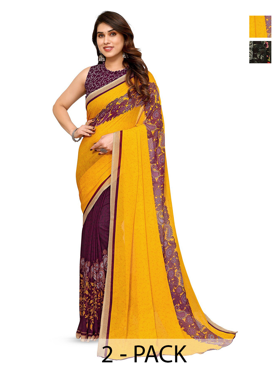 

ANAND SAREES Selection Of 2 Floral Printed Sarees, Yellow