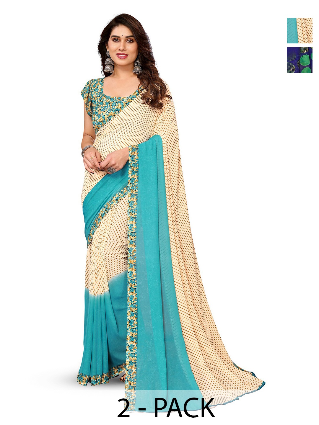 

ANAND SAREES Selection Of 2 Geometric Printed Saree, Blue
