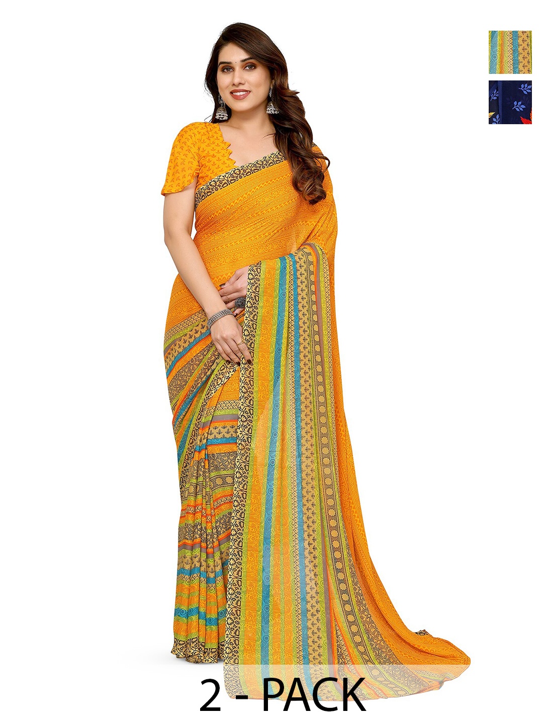 

ANAND SAREES Selection Of 2 Printed Sarees, Yellow