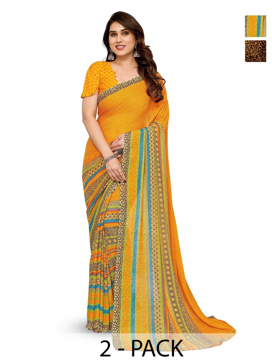 

ANAND SAREES Selection of 2 Ethnic Motifs Printed Sarees, Yellow