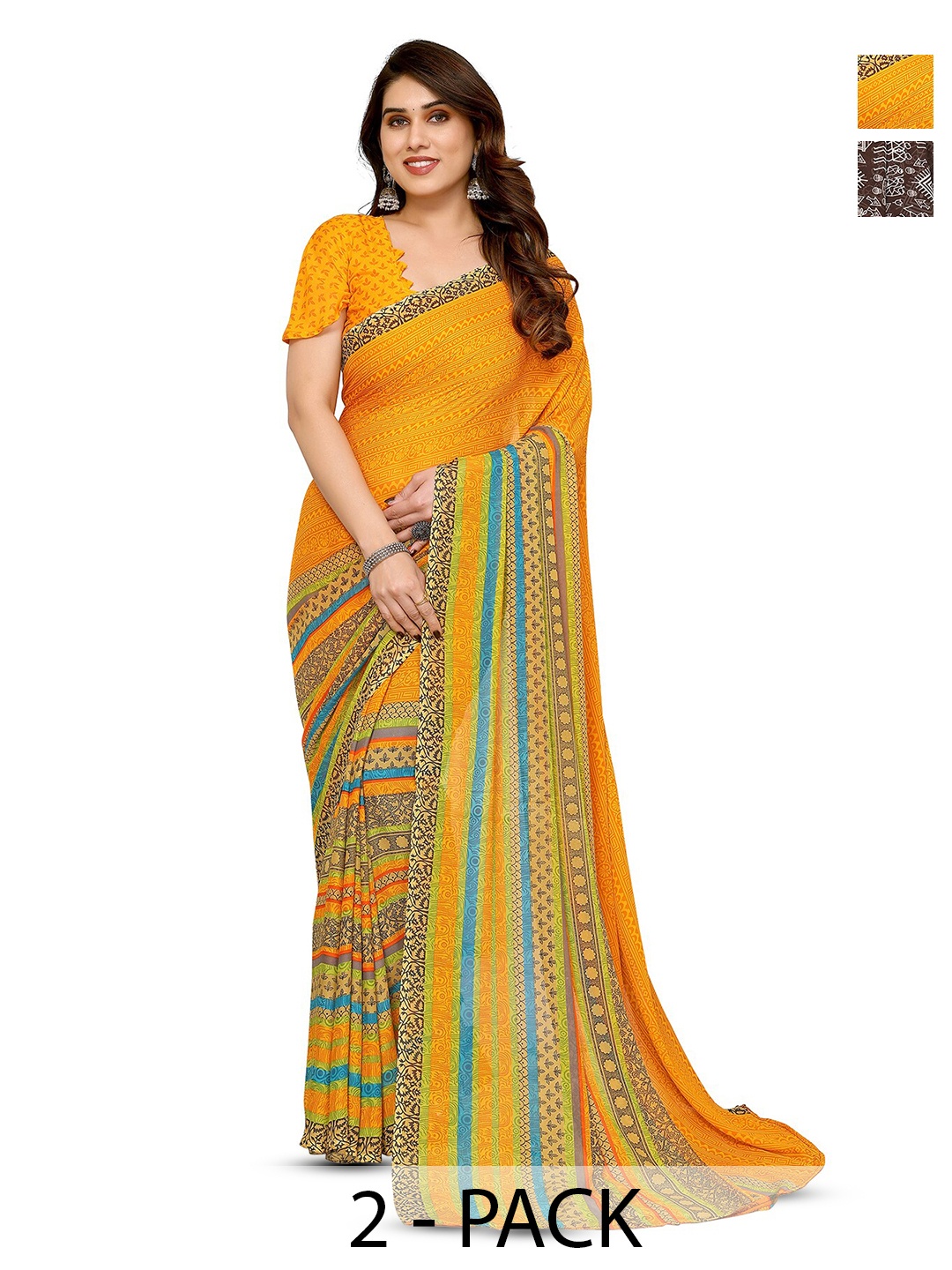 

ANAND SAREES Selection of 2 Printed Georgette Saree, Brown