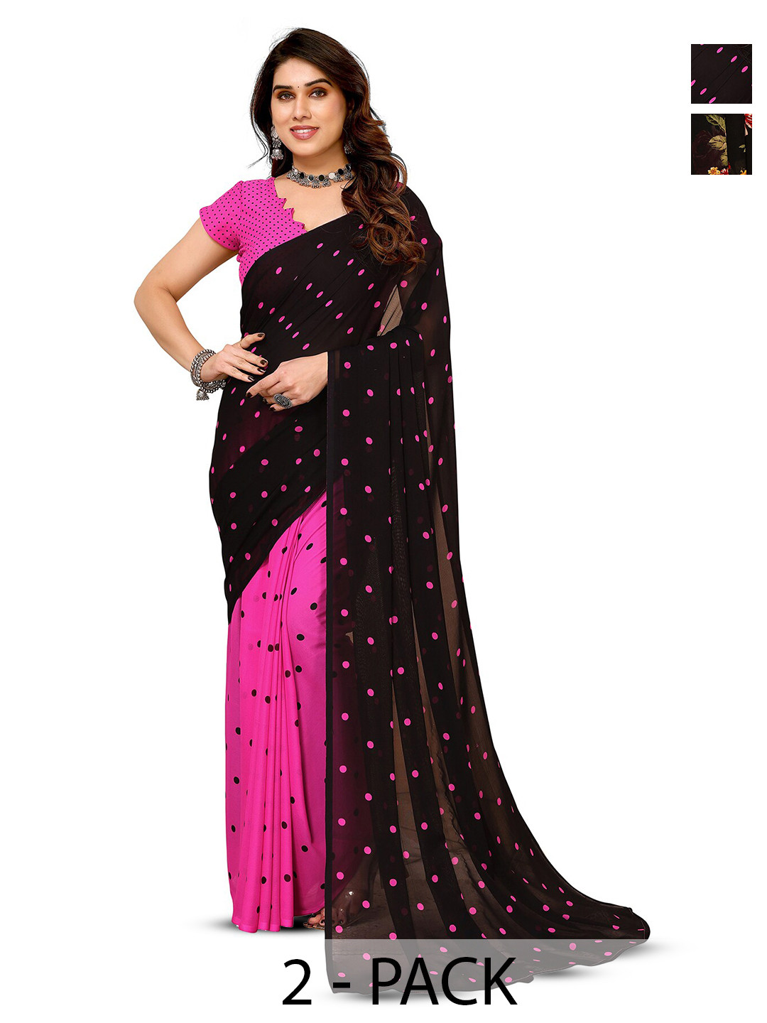 

ANAND SAREES Selection Of 2 Floral Printed Sarees, Black