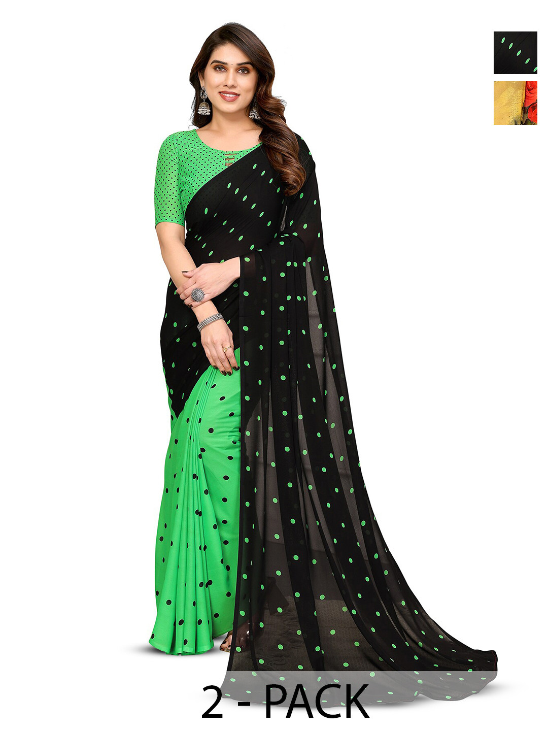 

ANAND SAREES Selection Of 2 Printed Sarees, Green