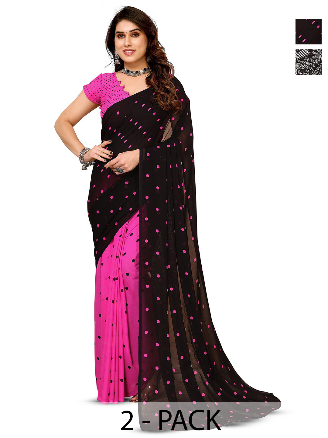 

ANAND SAREES Selection Of 2 Warli Printed Sarees, Black