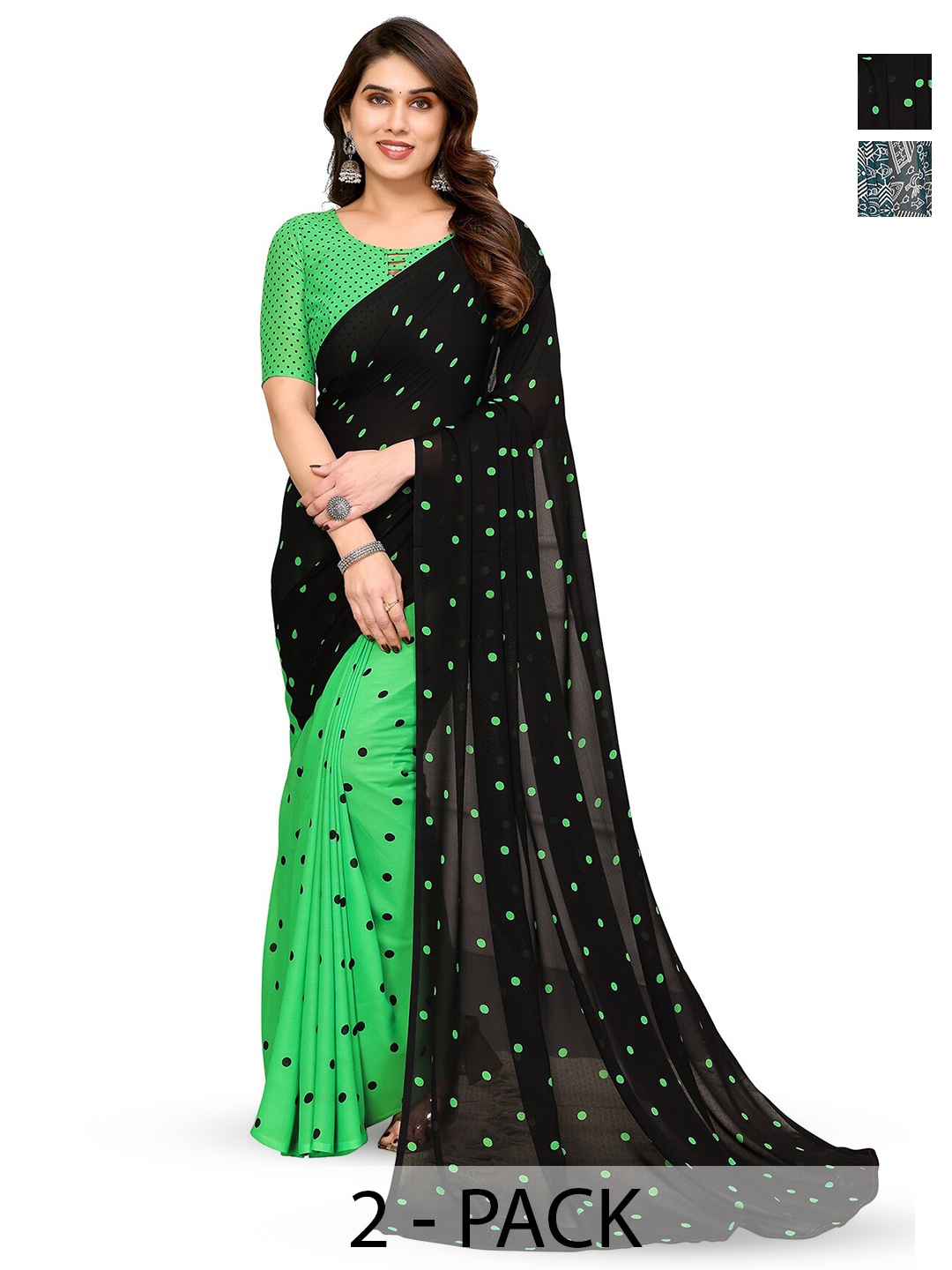 

ANAND SAREES Selection Of 2 Polka Dot Printed Saree, Blue