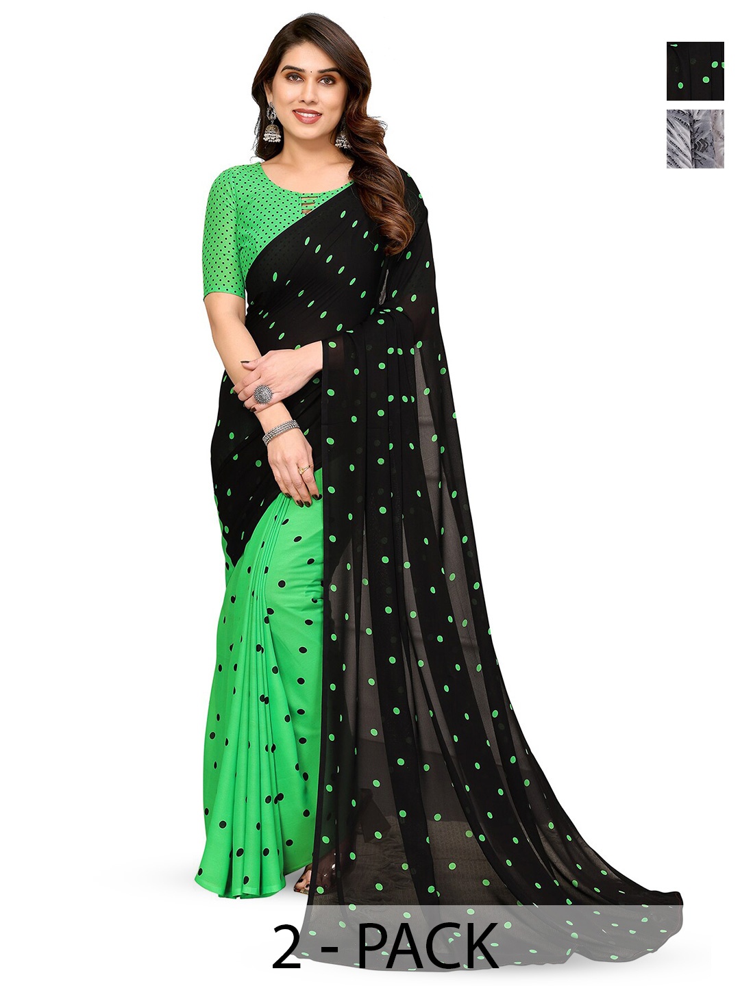 

ANAND SAREES Selection Of 2 Georgette Printed Saree, Green