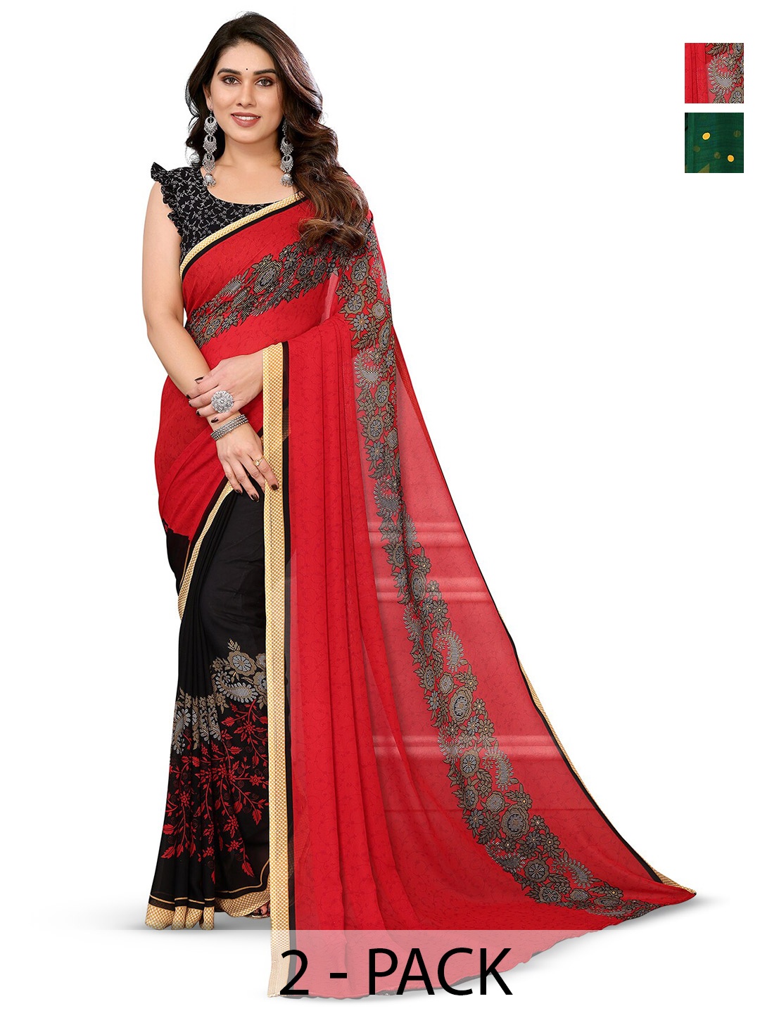 

ANAND SAREES Selection Of 2 Printed Sarees, Red