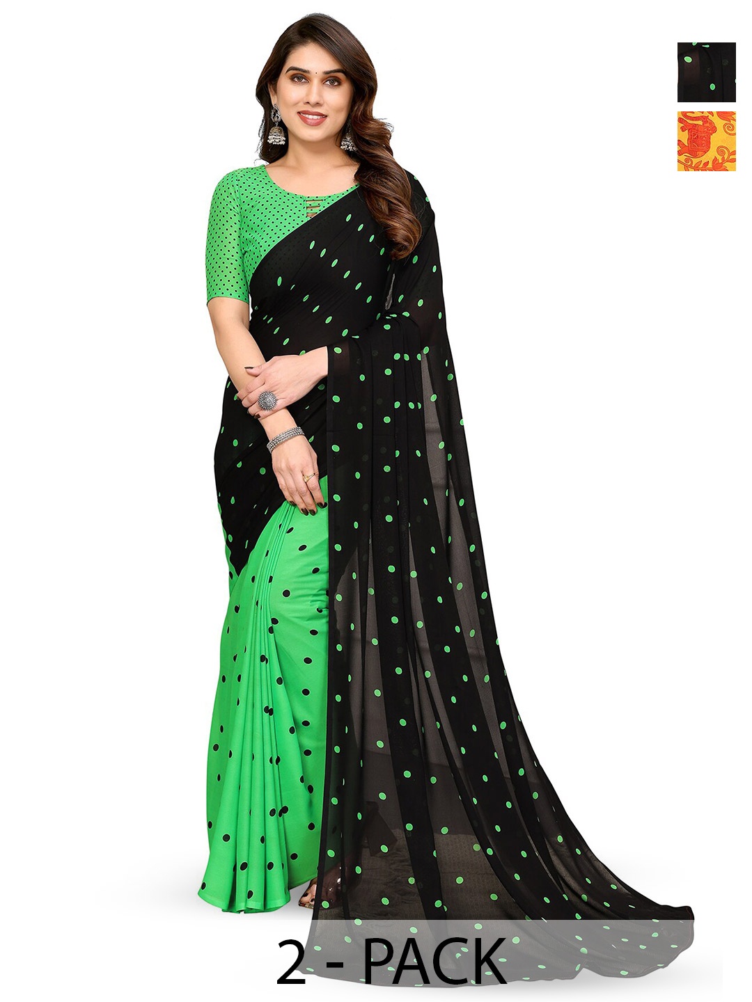 

ANAND SAREES Selection Of 2 Polka Dots Printed Sarees, Black