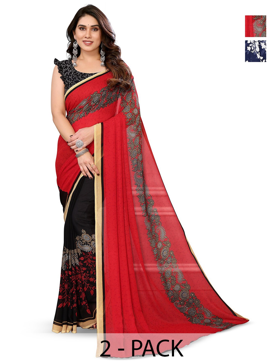 

ANAND SAREES Selection of 2 Floral Printed Sarees, Blue