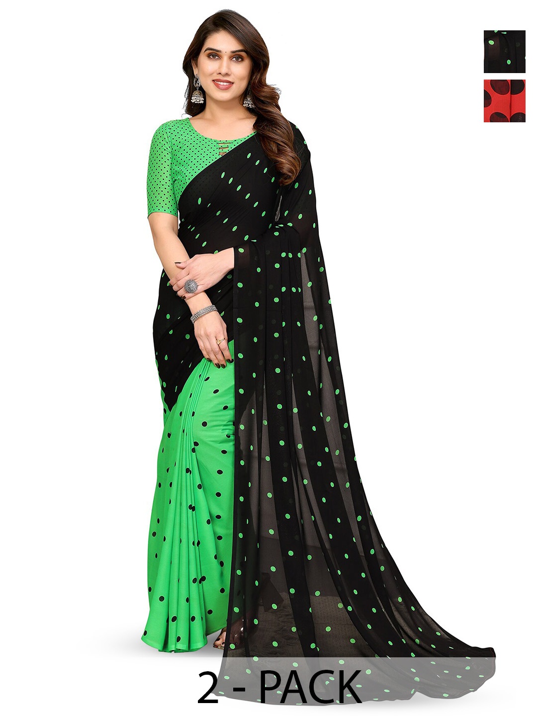 

ANAND SAREES Selection Of 2 Polka Dot Printed Sarees, Black
