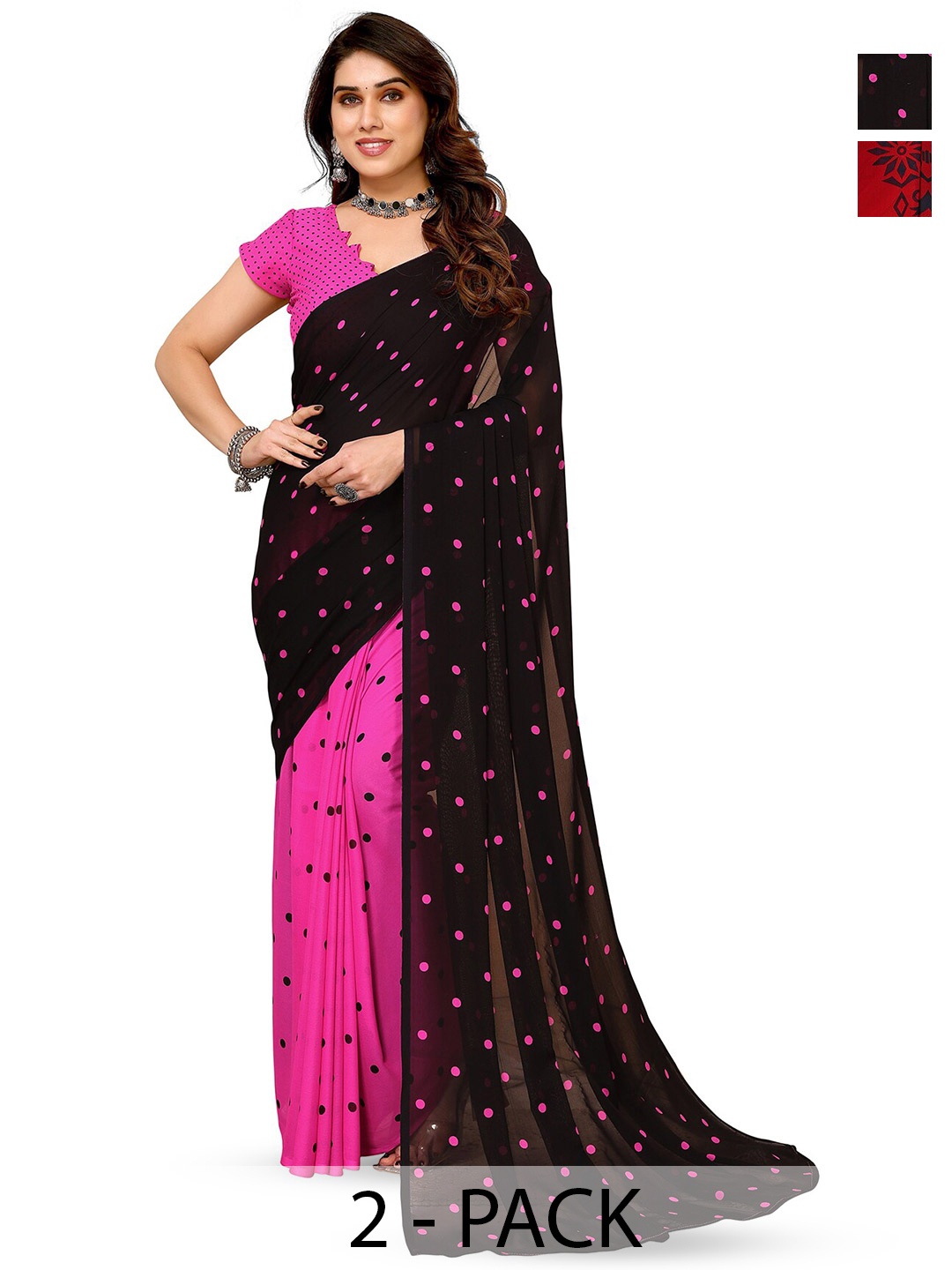 

ANAND SAREES Selection Of 2 Polka Dots Pure Georgette Sarees, Black