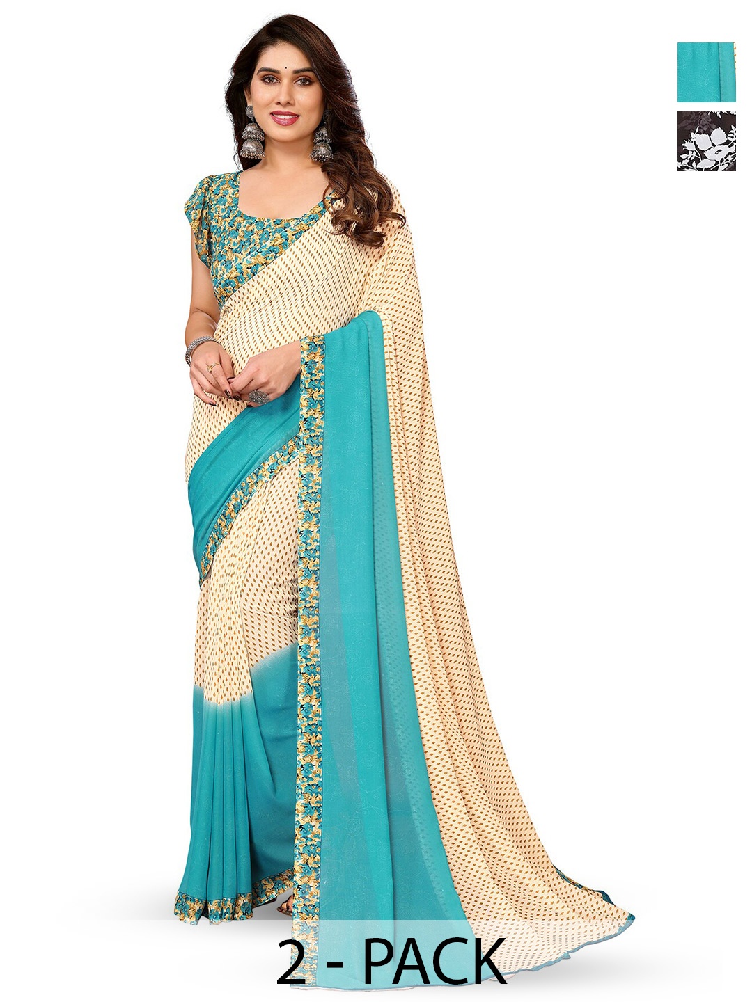 

ANAND SAREES Selection of 2 Floral Printed Sarees, Brown