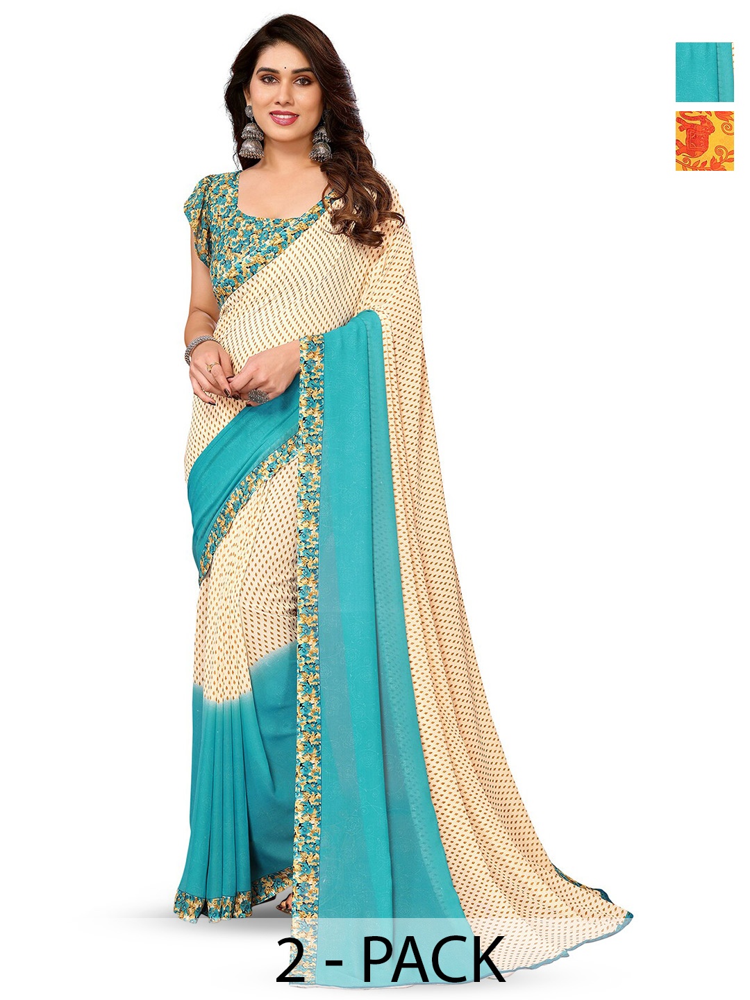 

ANAND SAREES Selection Of 2 Geometric Printed Sarees, Beige