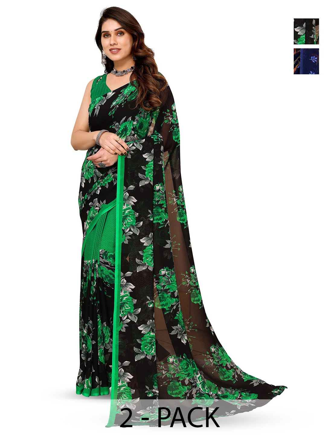 

ANAND SAREES Selection Of 2 Floral Printed Saree, Black