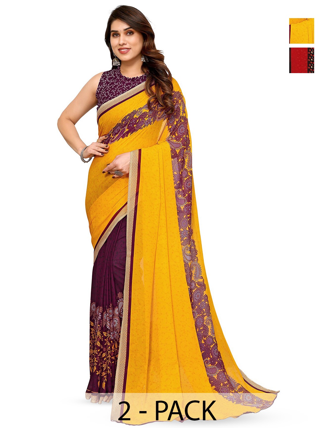 

ANAND SAREES Selection Of 2 Printed Saree, Yellow