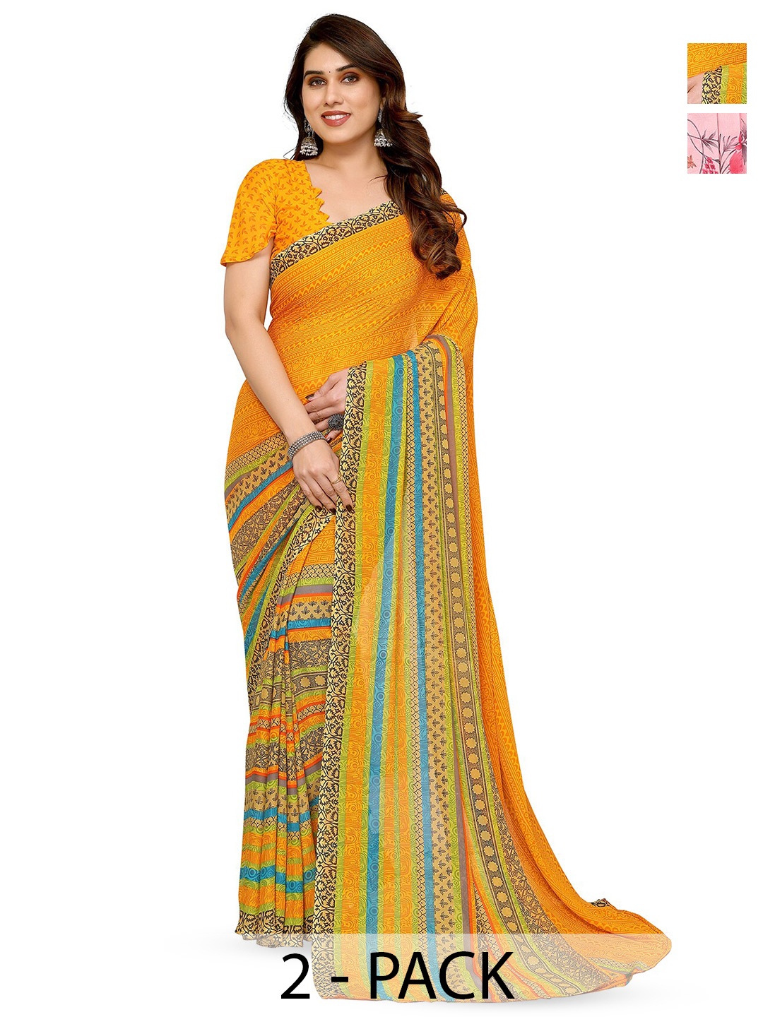 

ANAND SAREES Selection Of 2 Printed Sarees, Pink