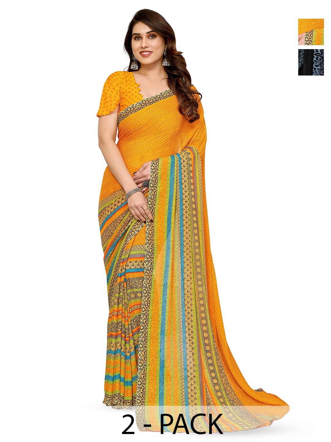 

ANAND SAREES Selection Of 2 Geometric Printed Sarees, Yellow