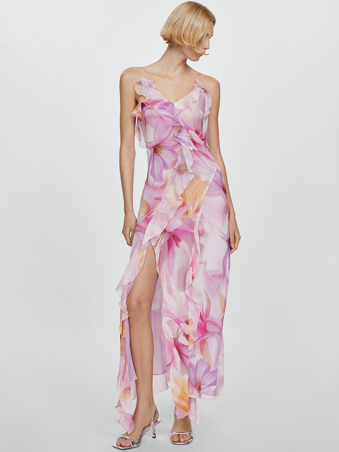 

MANGO Floral Print Ruffled Maxi Dress, Pink