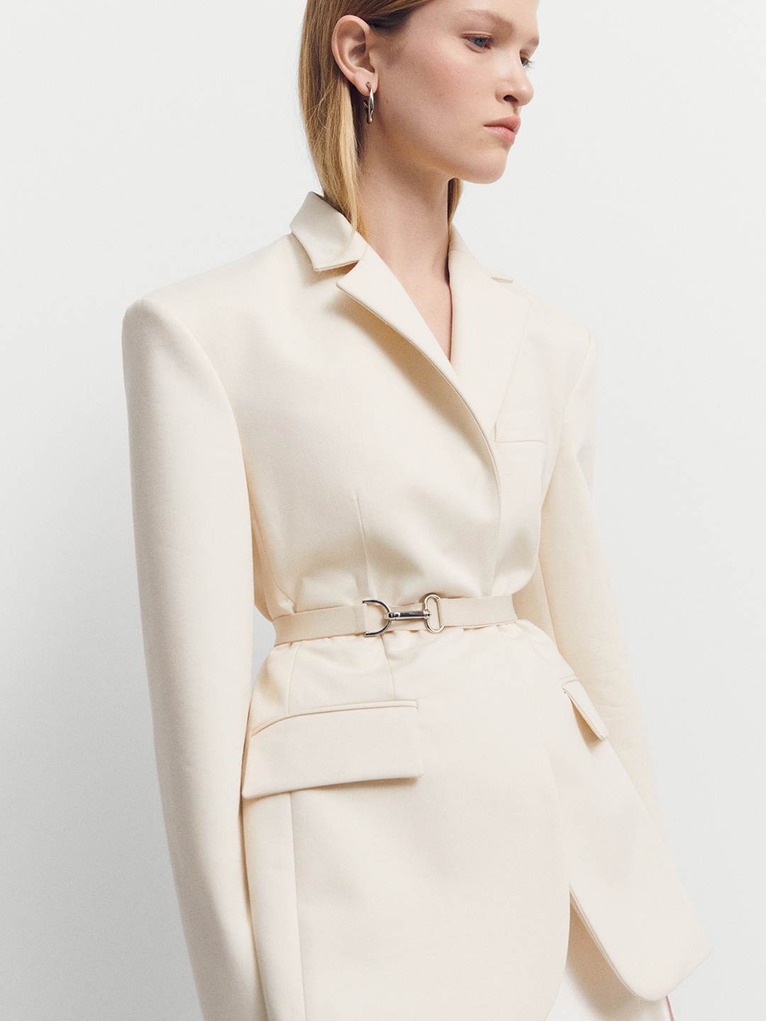 

MANGO Structured Front Open Blazer with Belt, Cream