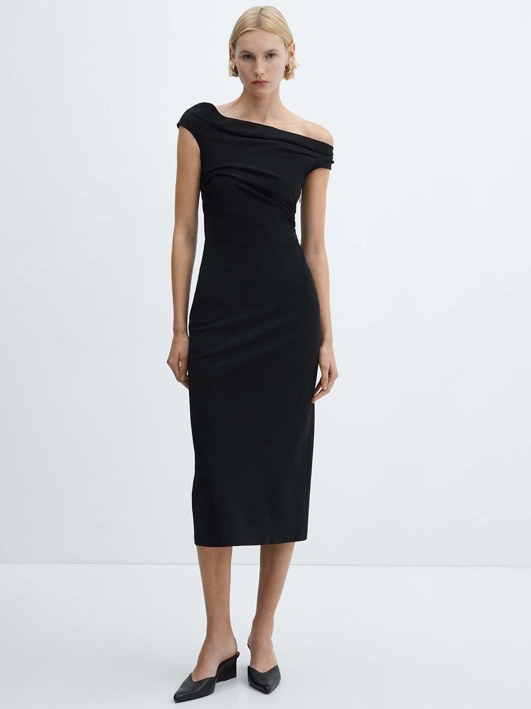 

MANGO Off-Shoulder Sheath Midi Dress, Black