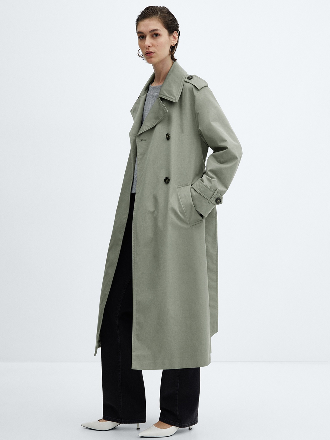 

MANGO Double-Breasted Belted Detail Longline Trench Coat With Shoulder Tabs, Grey