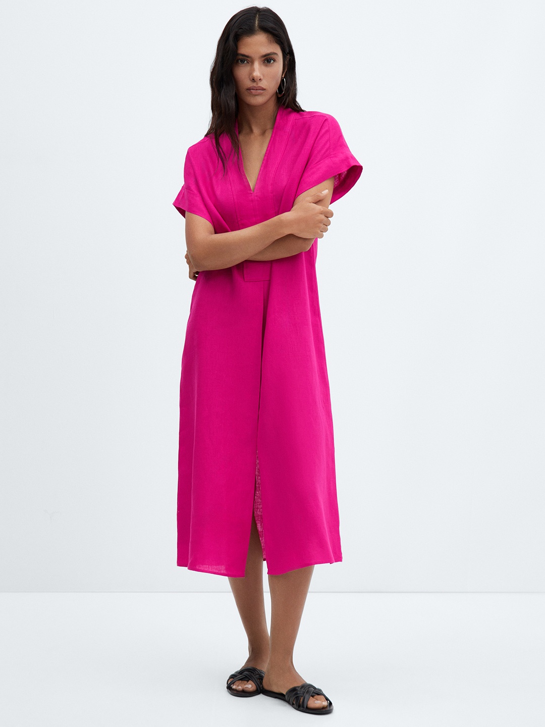 

MANGO Linen A-Line Midi Dress, Fuchsia
