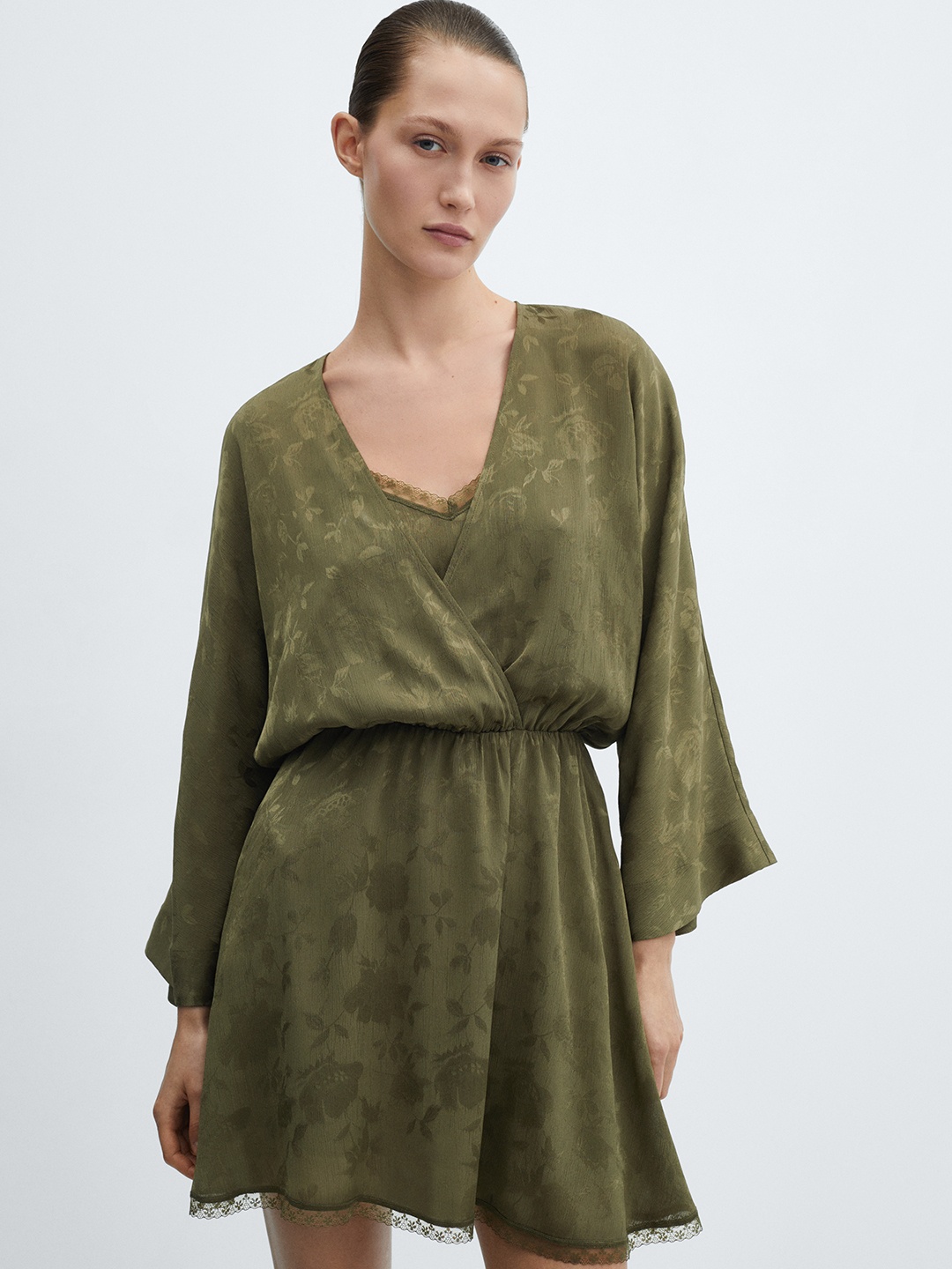 

MANGO Satin Finish Floral Print Wrap Dress, Olive