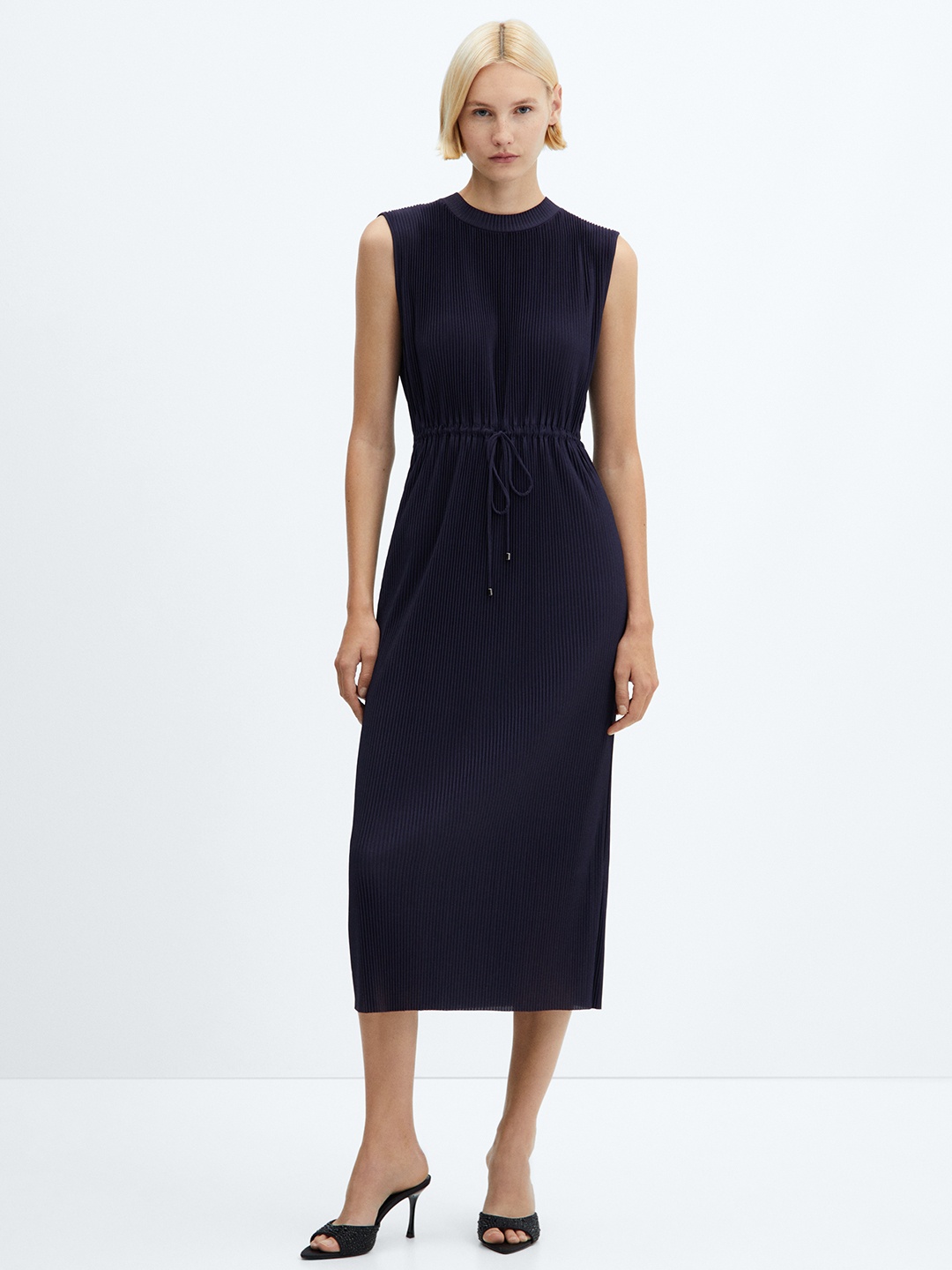 

MANGO Pleated Sheath Midi Dress, Navy blue