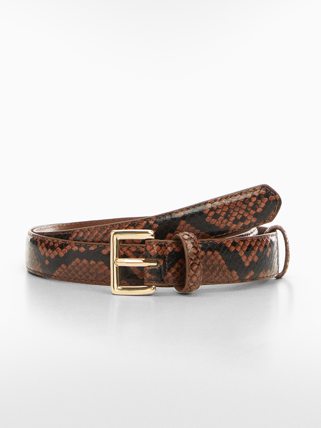 

MANGO Women Snake Skin Textured Belt, Brown