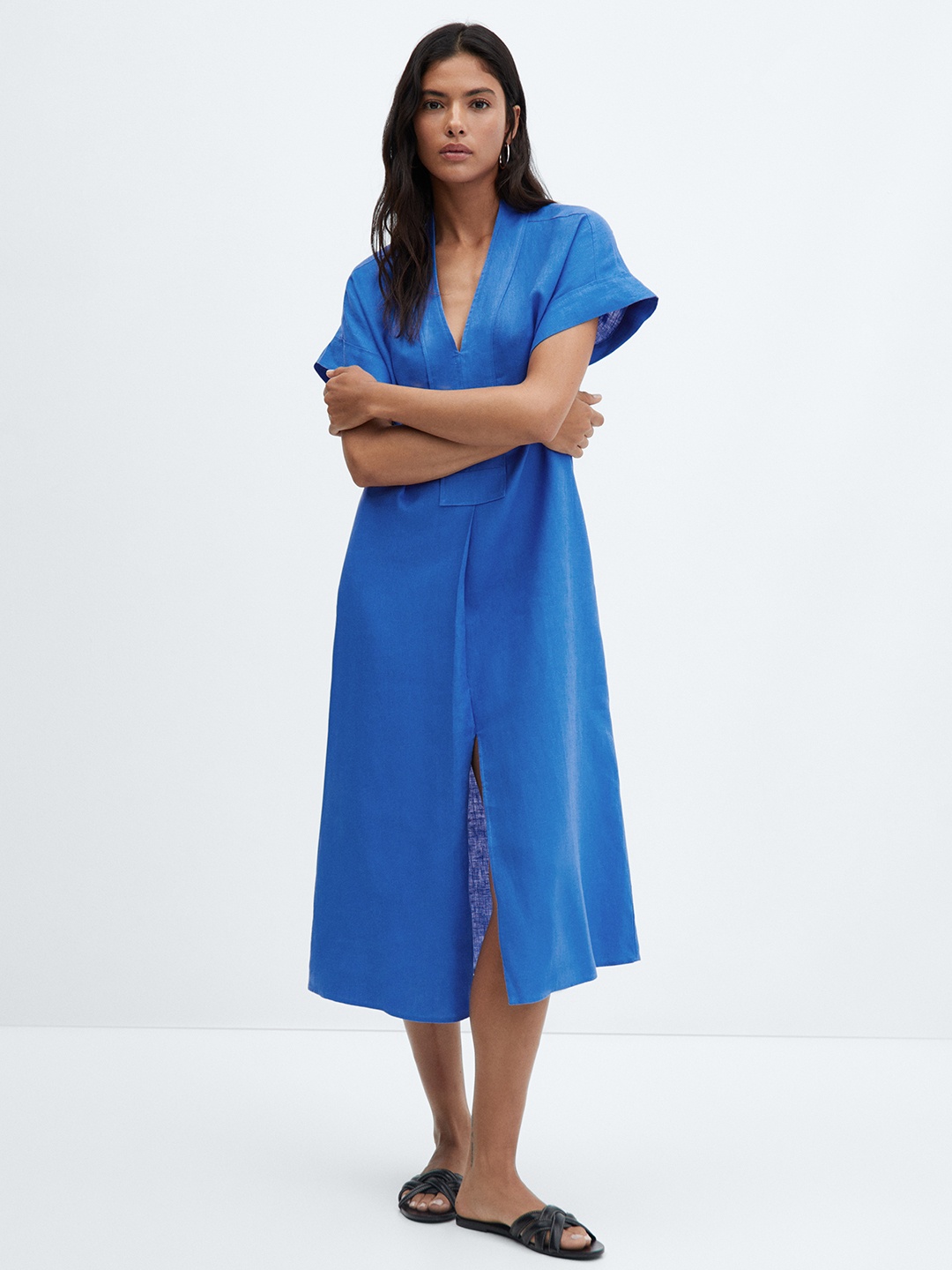 

MANGO Linen A-Line Midi Dress, Blue