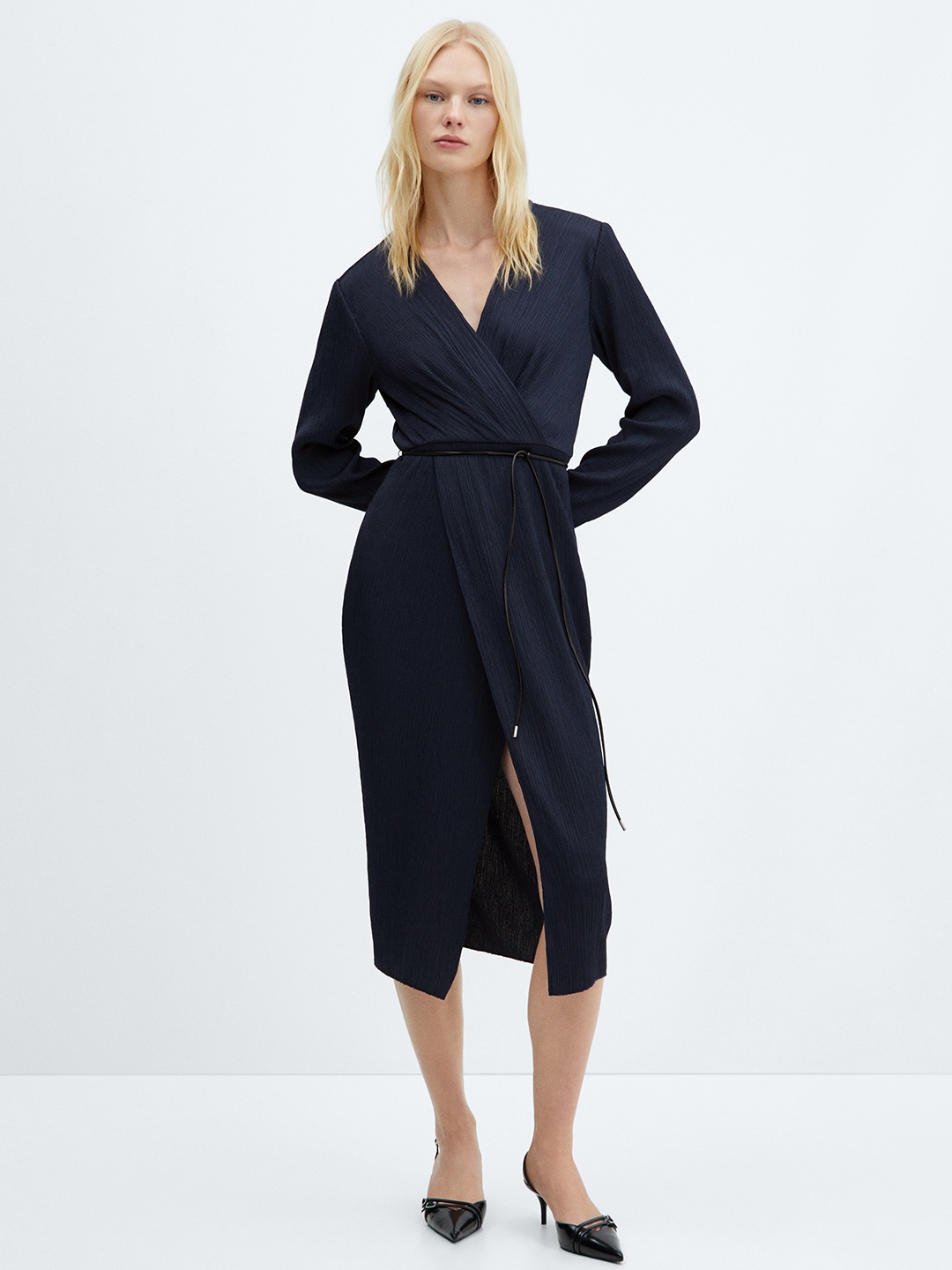 

MANGO Women Midi Wrap Dress, Navy blue