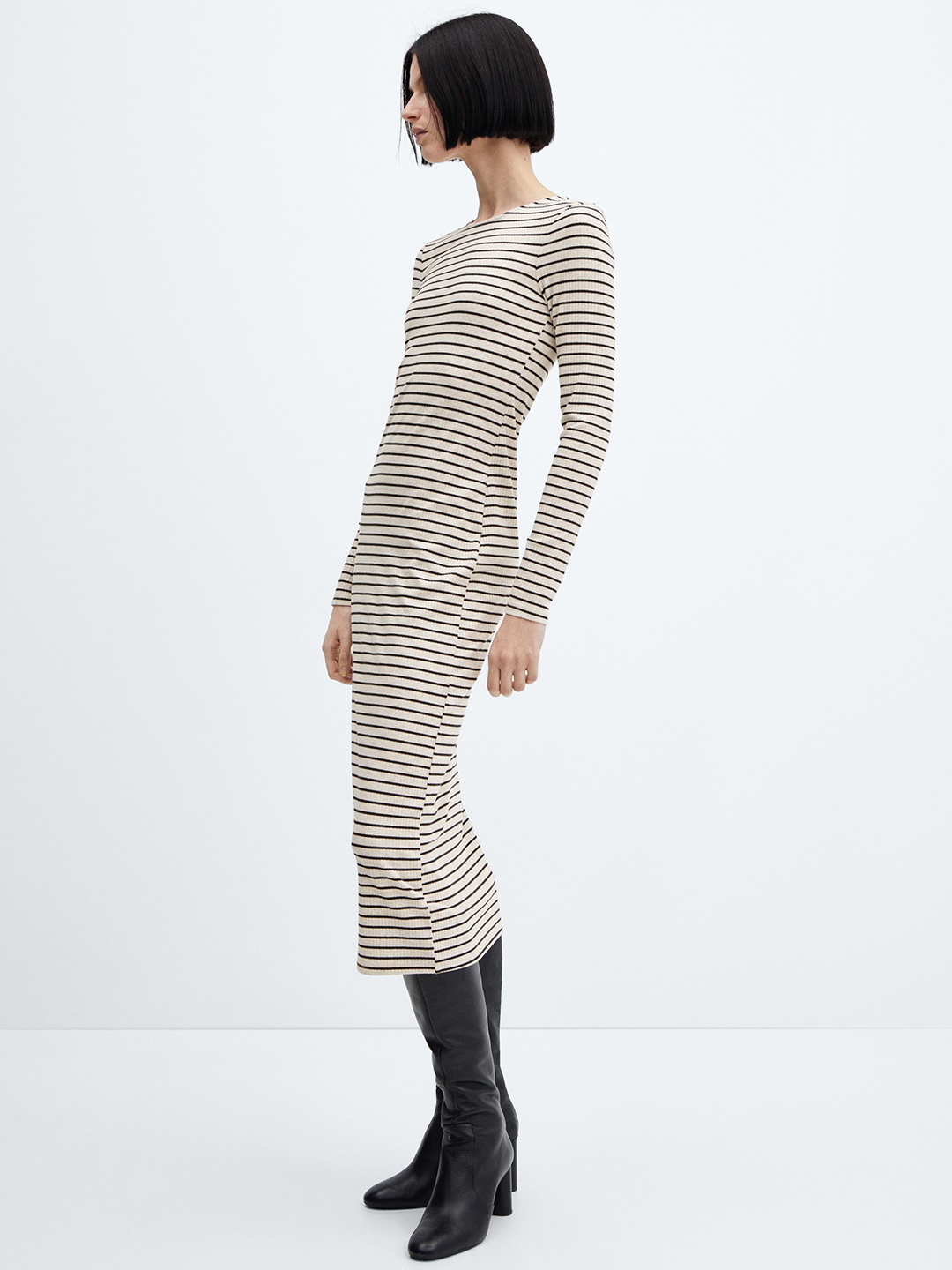 

MANGO Striped Bodycon Midi Dress, Off white