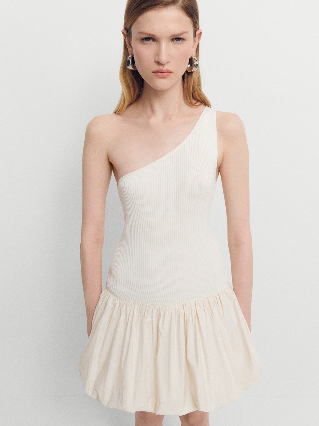 

MANGO One Shoulder Fit & Flare Mini Dress, White