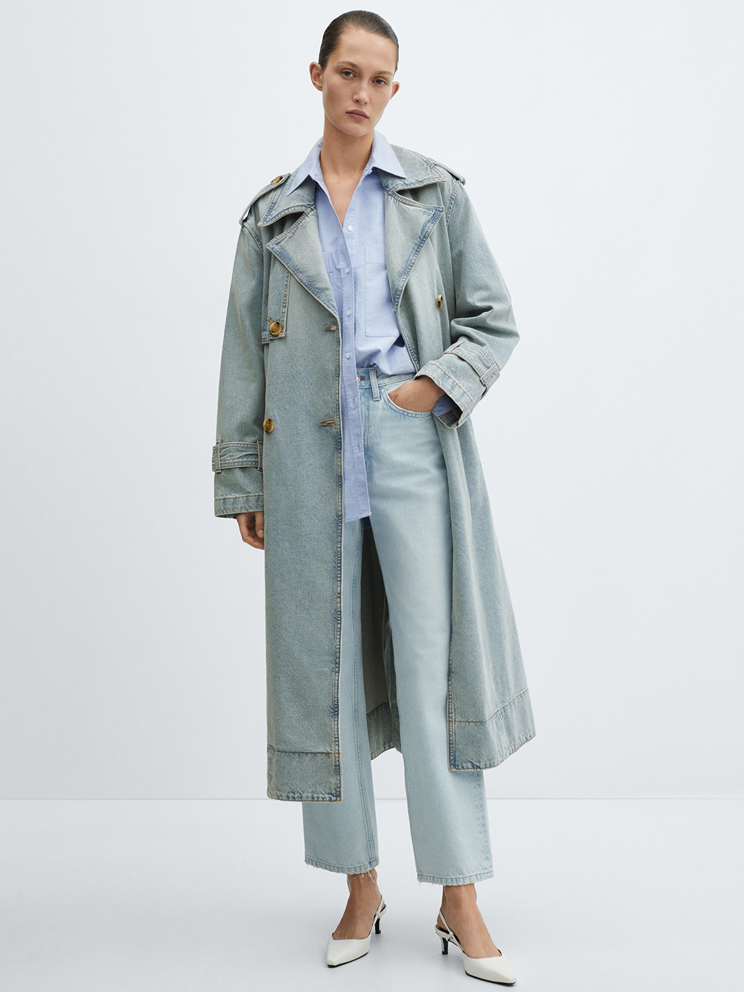 

MANGO Women Solid Longline Cotton Trench Coat, Grey