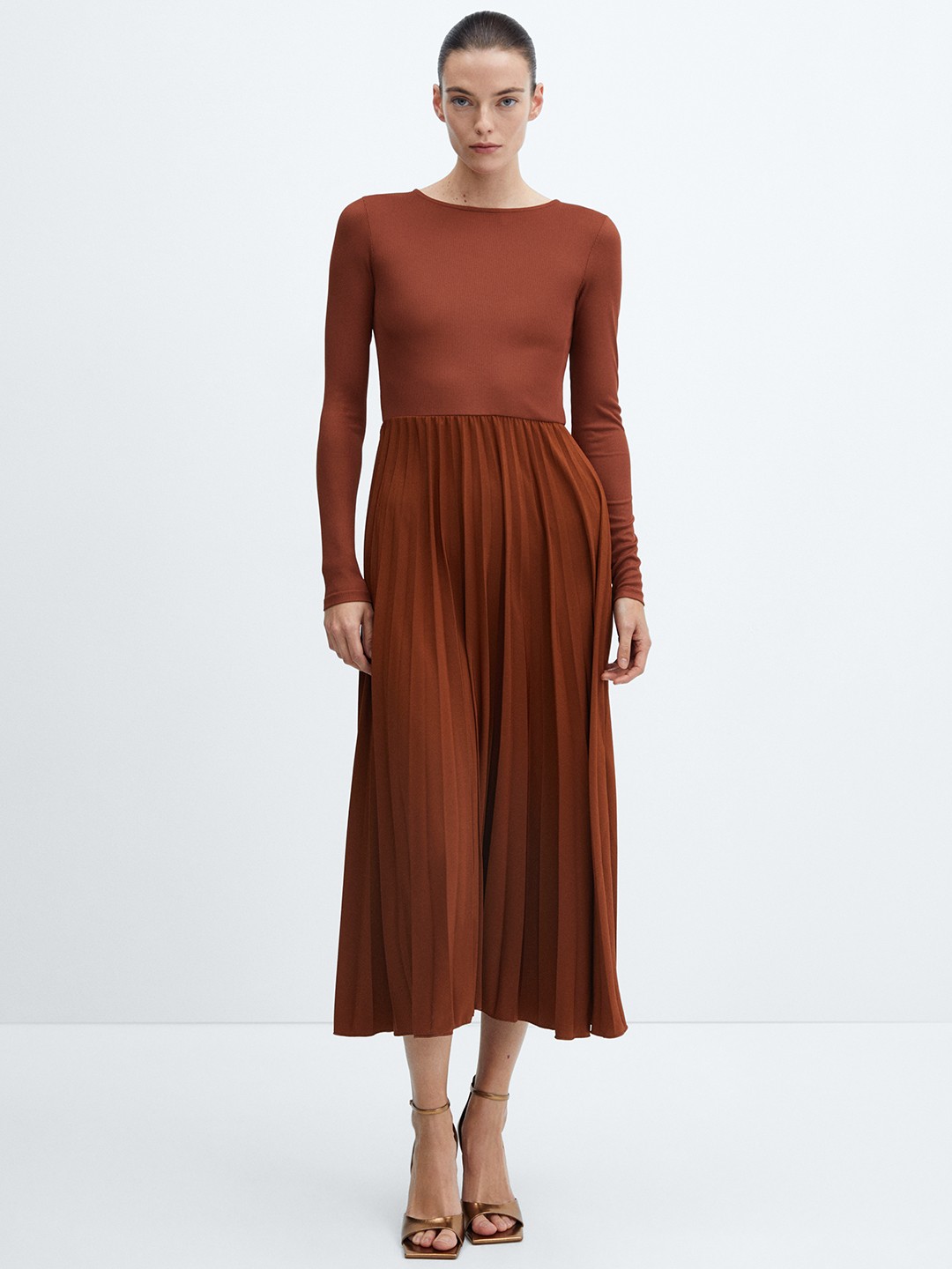 

MANGO A-Line Pleated Midi Dress, Brown
