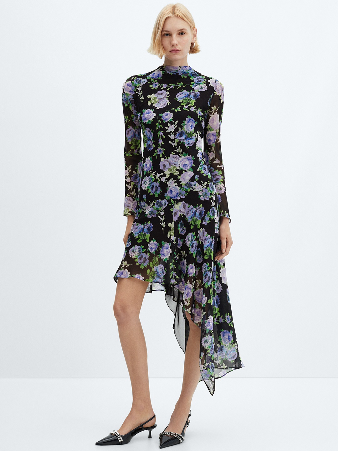 

MANGO Floral Print A-Line Midi Dress, Black