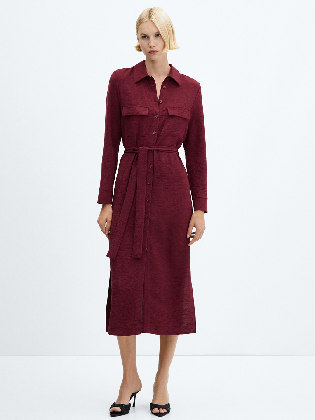 

MANGO Shirt Midi Dress with Belt, Maroon