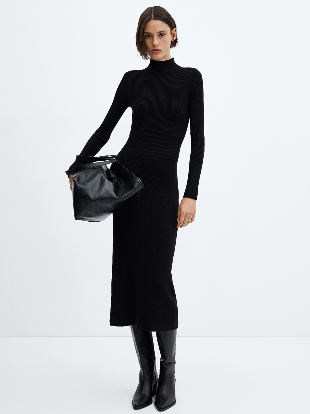 

MANGO High Neck Ribbed Midi Dress, Black