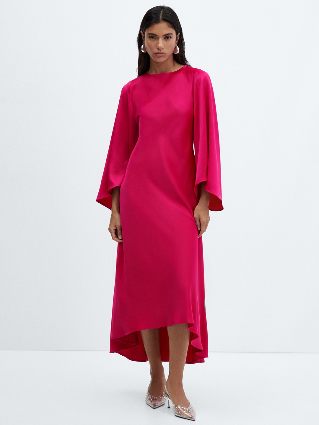 

MANGO Flared Sleeve A-Line Midi Dress, Pink