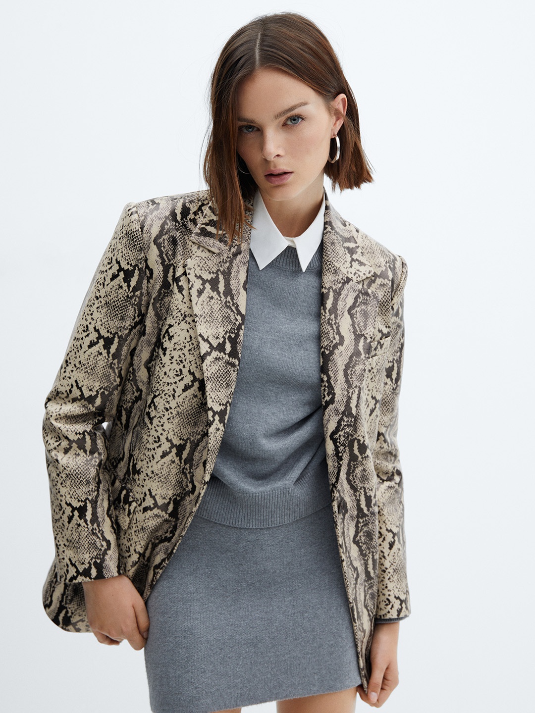

MANGO Women Printed Single Breasted Blazers, Beige
