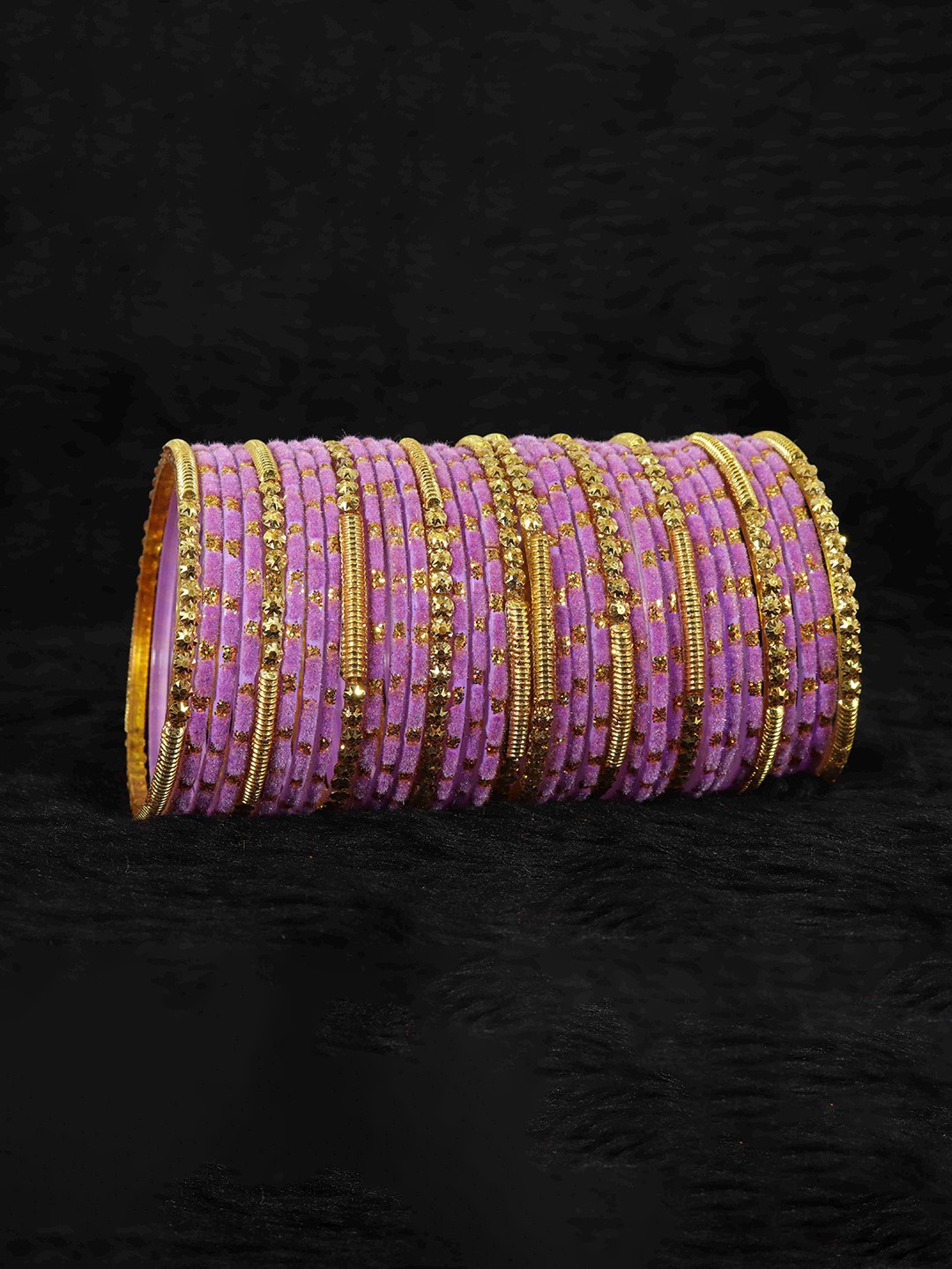 

NMII Set Of 34 Glass Golden Beads & Polka Dots Velvet Bangles, Purple