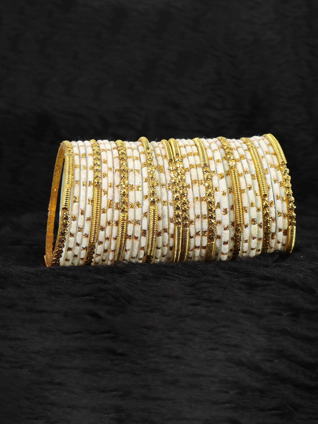 

NMII Set Of 34 Glass Golden Beads & Polka Dots Velvet Bangles, White