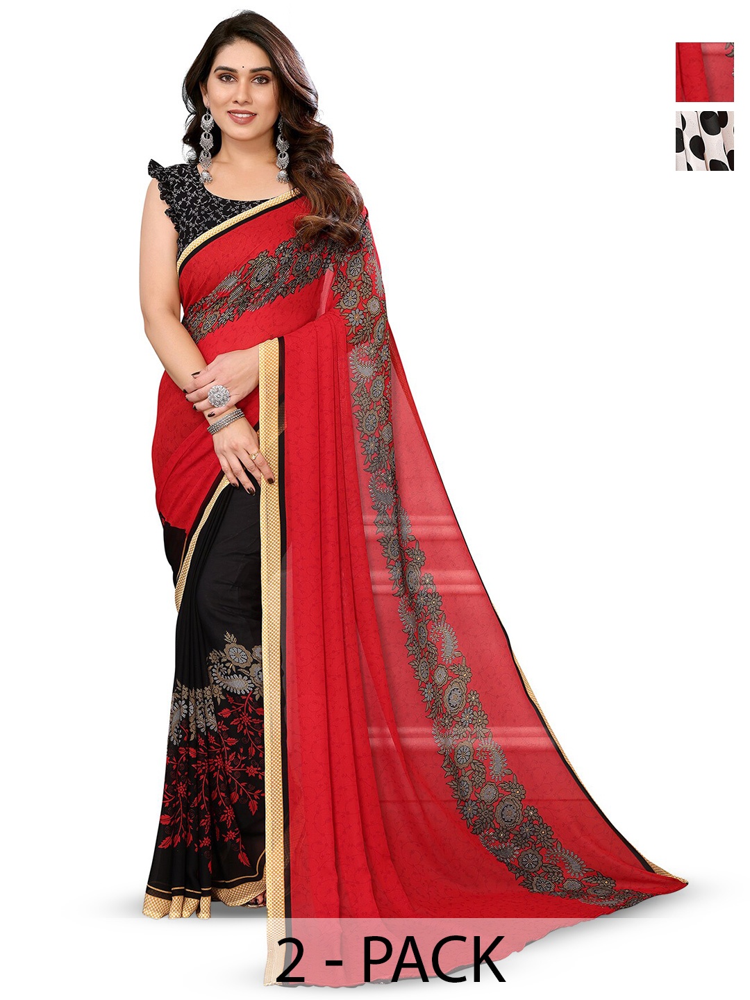 

ANAND SAREES Selection Of 2 Floral Printed Sarees, Red