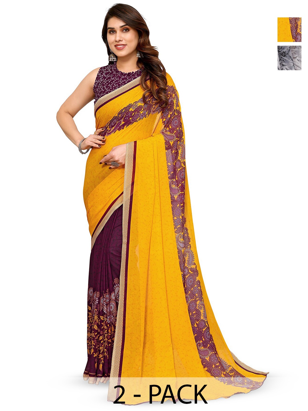 

ANAND SAREES Selection Of 2 Abstract Printed Sarees, Yellow